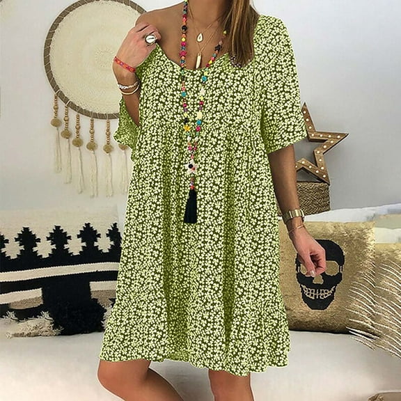 Dresses for Women 2023 Plus Size Summer Casual Midi Dresses For Women 2023 Women V-Neck Printing Flare Sleeves Leisure Time On Vacation Short Sleeves Dress