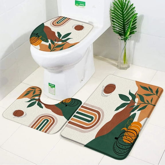 Abstraction Bath Mat 3pcs Set Mid-century Geometric Arched Line Leaves Bathroom Decor Anti Slip Floor Rug Foot Carpet Toilet Lid