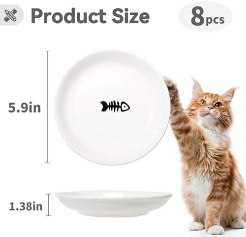 [8 Pack] Ceramic Cat Food Bowl, Cute Cat Bowls Whisker-Friendly, 5.9" Shallow Wide Kitten Plates, Easy to Clean Indoor Feeding Dishes