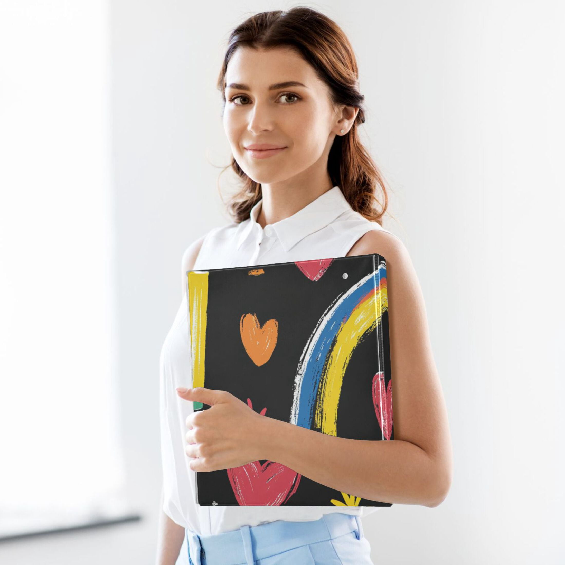 Crayons and Rainbows Hearts 3 Ring Binders 1.5 inch Hardcover File Folders with Interior Pockets A4 Size Organizer for School Office Hospital
