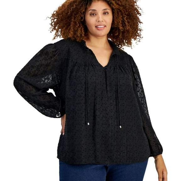Tommy Hilfiger Womens Classy Peasant Blouse, Black, Plus Size, 2X
