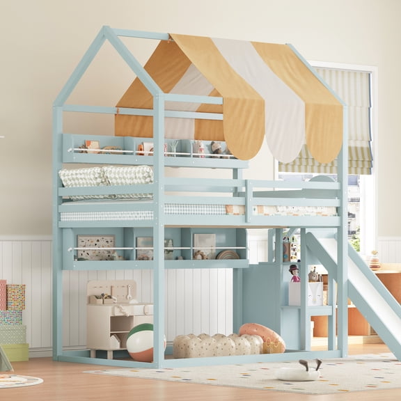 Harper & Bright Designs Full Size House Bed with Canopy and Slide, Wood Loft Bed with Built-in Bookshelves and Storage Staircase, Light Green