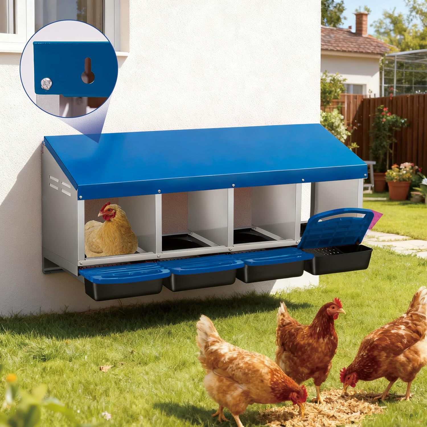 Sunvasagoo Zinc Alloy Chicken Nesting Box, 3/4 Hole Roll Away Egg Laying Box w/ Removable Tray, Wall Mount or Freestanding