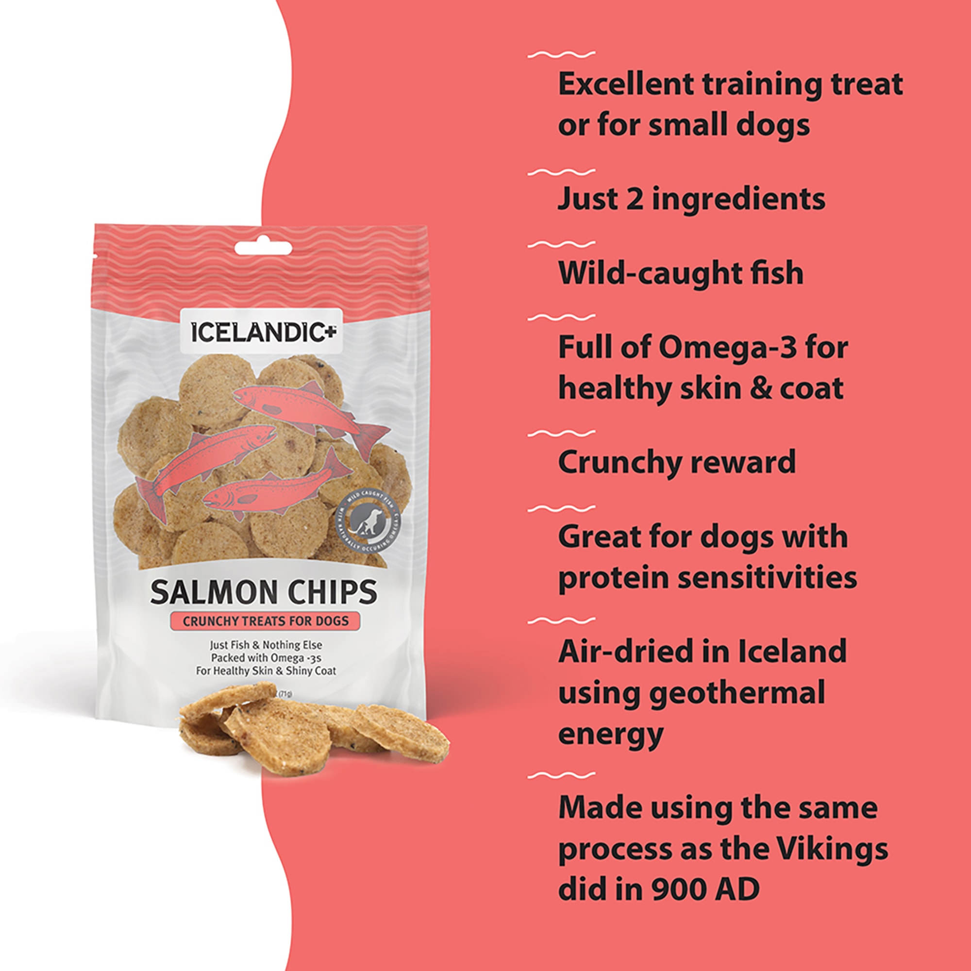 Icelandic+ Fish Chips: Salmon 2.5oz - Dog Treats, For Medium-Large Dogs, Natural 2 Ingredient Air-Dried Crunchy Treats