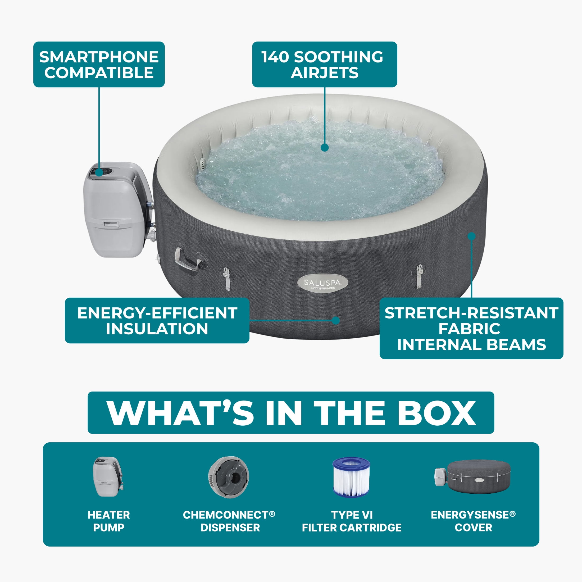 SaluSpa Hot Springs Energy-Efficient Smart AirJet 4-6 Person Inflatable Hot Tub with App-Control