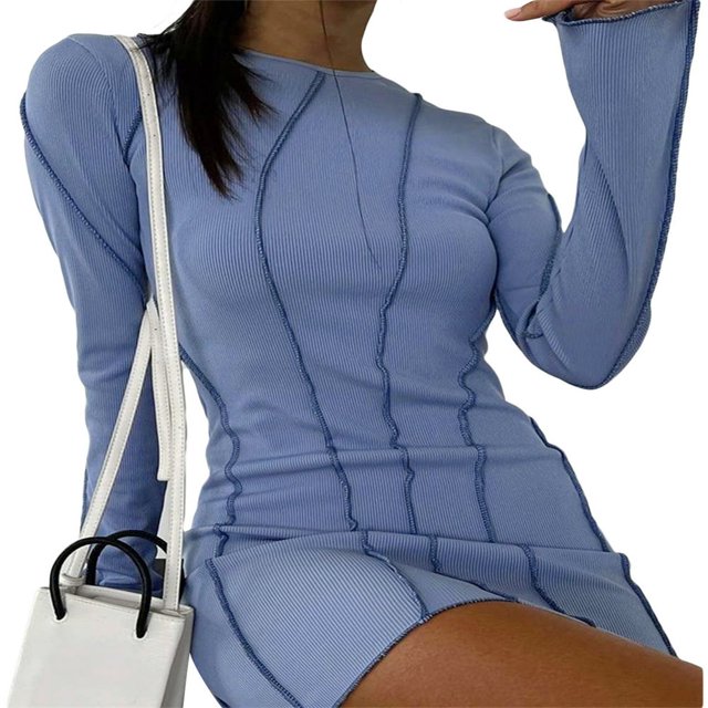 Femmes Casual Robe Bodycon Contraste Couleur Cou d'Équipage Longue Flare Manches Côtelée Robe d'Une Seule Pièce