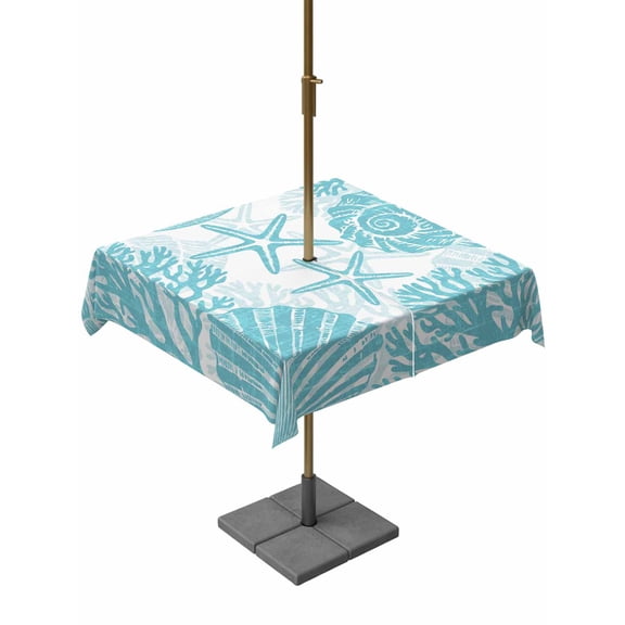 Outdoor Tablecloth with Umbrella Hole & Zipper, Aqua Coastal Square Tablecloth 60x60 Inch, Beach Starfish Nautical Coral Shell Summer Patio Table Cover Waterproof Table Cloth for Picnic/Party