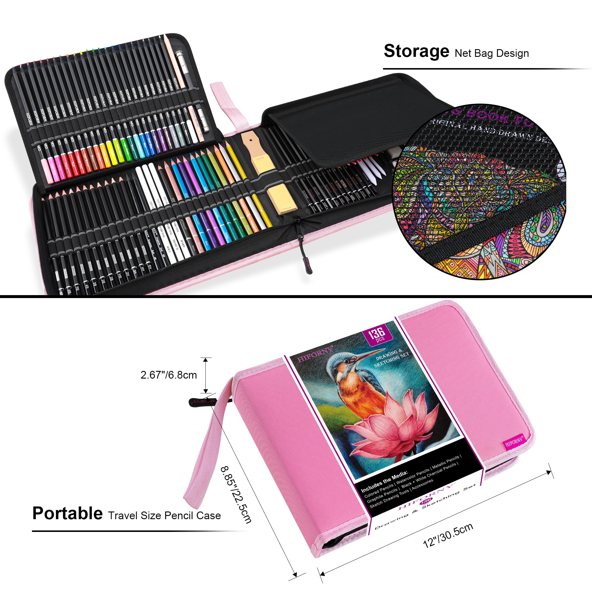 HIFORNY 136 PCS Drawing & Sketching Set,Pro Art Supplies with Graphite,Charcoal, Colored,Watercolor,Metallic Pencils,Blending Tools,Sketchbook,Watercolor Book and Coloring Book in Zipper Case(Pink)