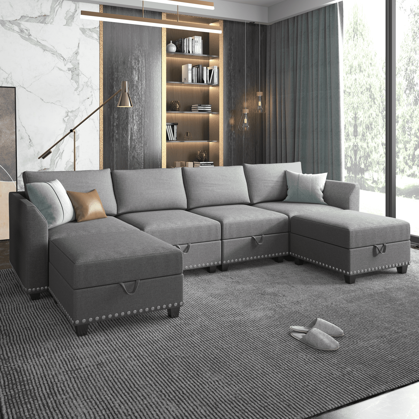 Mjkone U Shaped Sectional Sofa with Storage, 6 Seater Modular Sectional