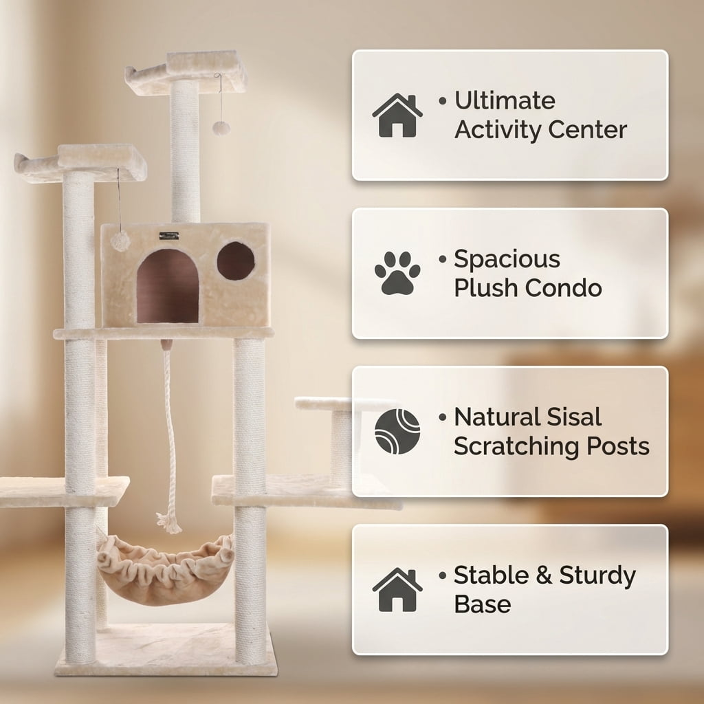 Cat Tree Tower with Plush Condo, Hammock, Sisal Scratching Posts, Multiple Perches, Beige, 72" Tall