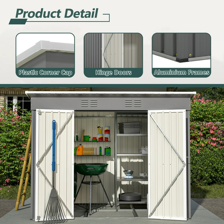 8' x 4' Outdoor Metal Storage Shed with Metal Base , Seizeen Tools Storage Shed, Galvanized Steel Garden Shed with Lockable Doors for Backyard, Patio, 8' x 4' Outdoor Metal Storage Shed with Metal Base , Seizeen Tools Storage Shed, Galvanized Steel Garden Shed with Lockable Doors for Backyard, Patio,