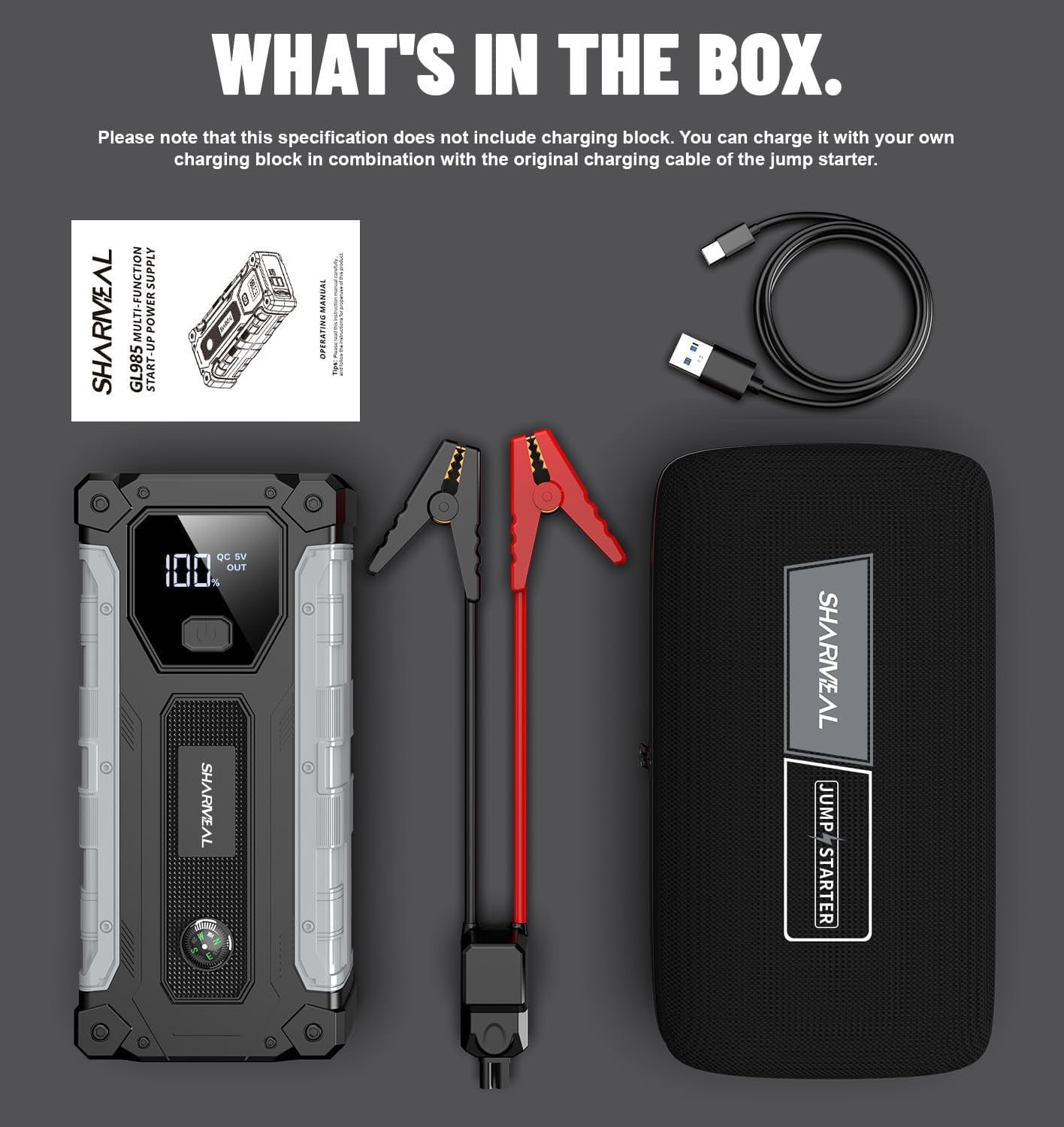 Sharmeal Car Jump Starter 5000A, Jump Starter Battery Pack for 10.0L Gas and 9.0L Diesel, 12V Portable Jump Box with LED Light