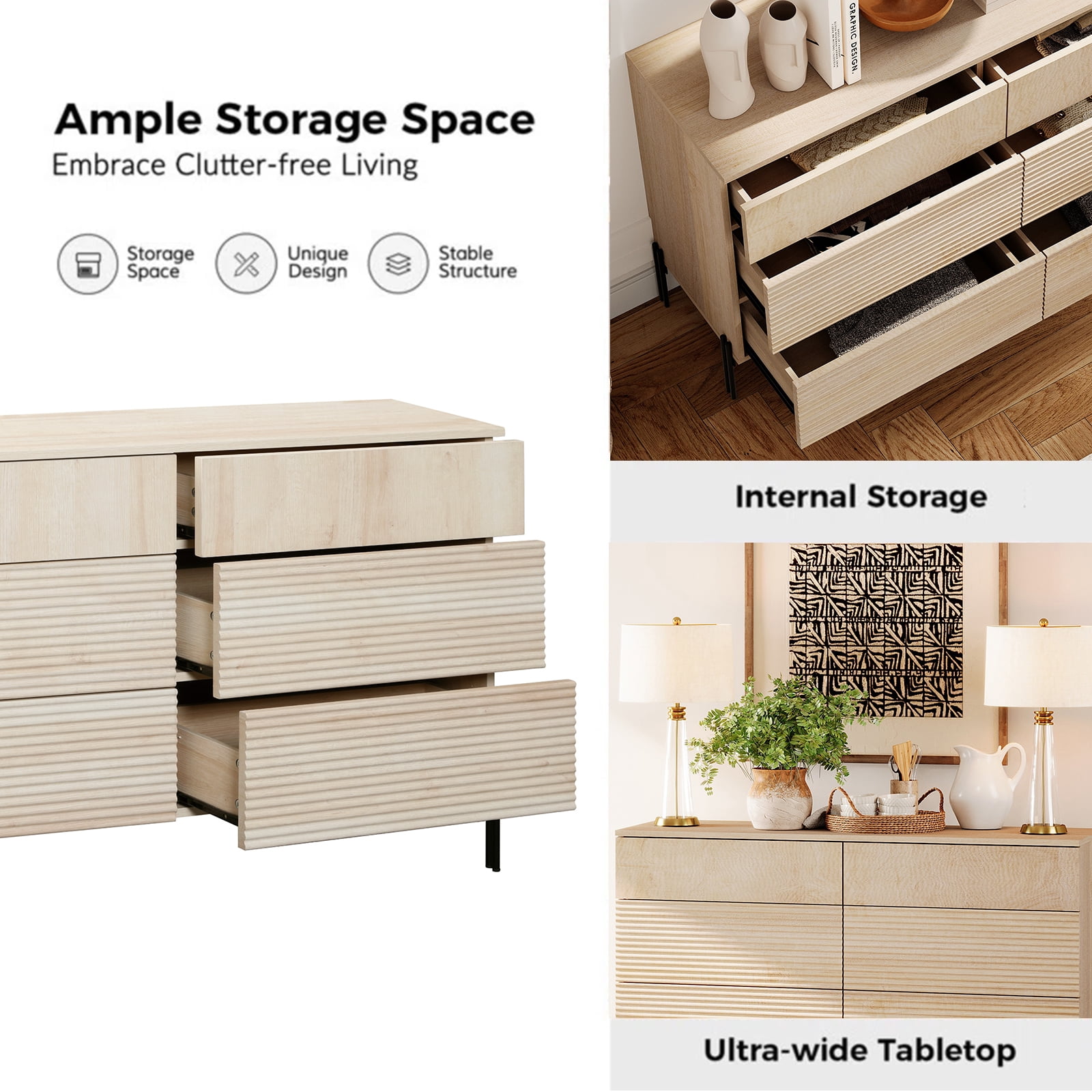 WAMPAT 47.2" Wood Accent Cabinet with Drawers, Modern Credenza Storage Cabinet with Minimalist Reeded Design for Living Room, Kitchen, Dining Room, Hallway