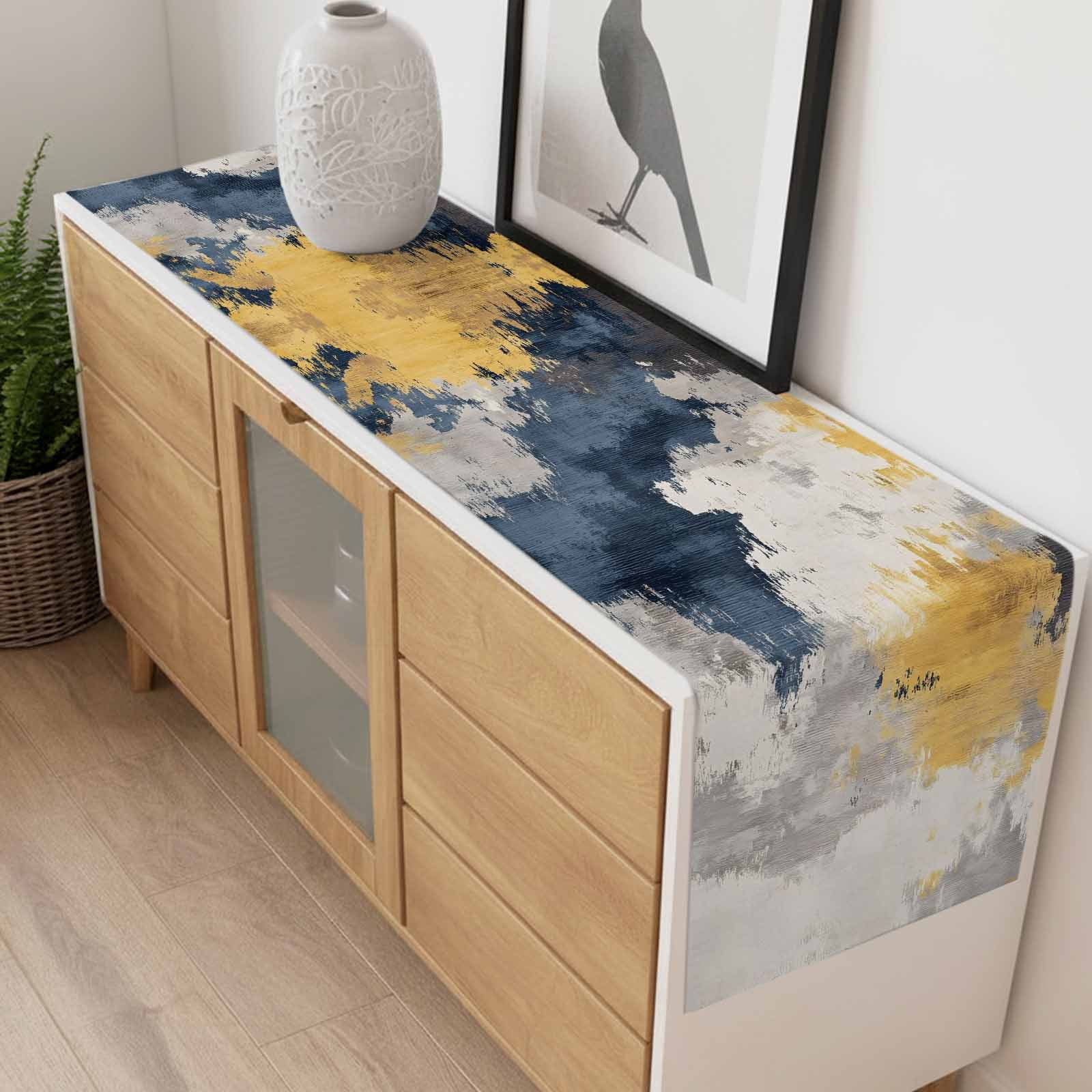 Abstract Art Table Runner 13x120 inch Watercolor Blue Yellow Blending Cotton Linen Dining Table Runner Ideal for Dresser Kitchen Coffee Tables - Machine Washable