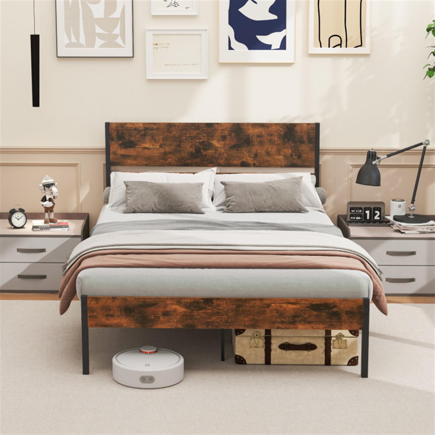 Demi Bonn Full Size Bed Frame with Wooden Headboard and Footboard, Modern Metal Platform Bed Frame with Under Bed Storage, No Box Spring Needed, Brown