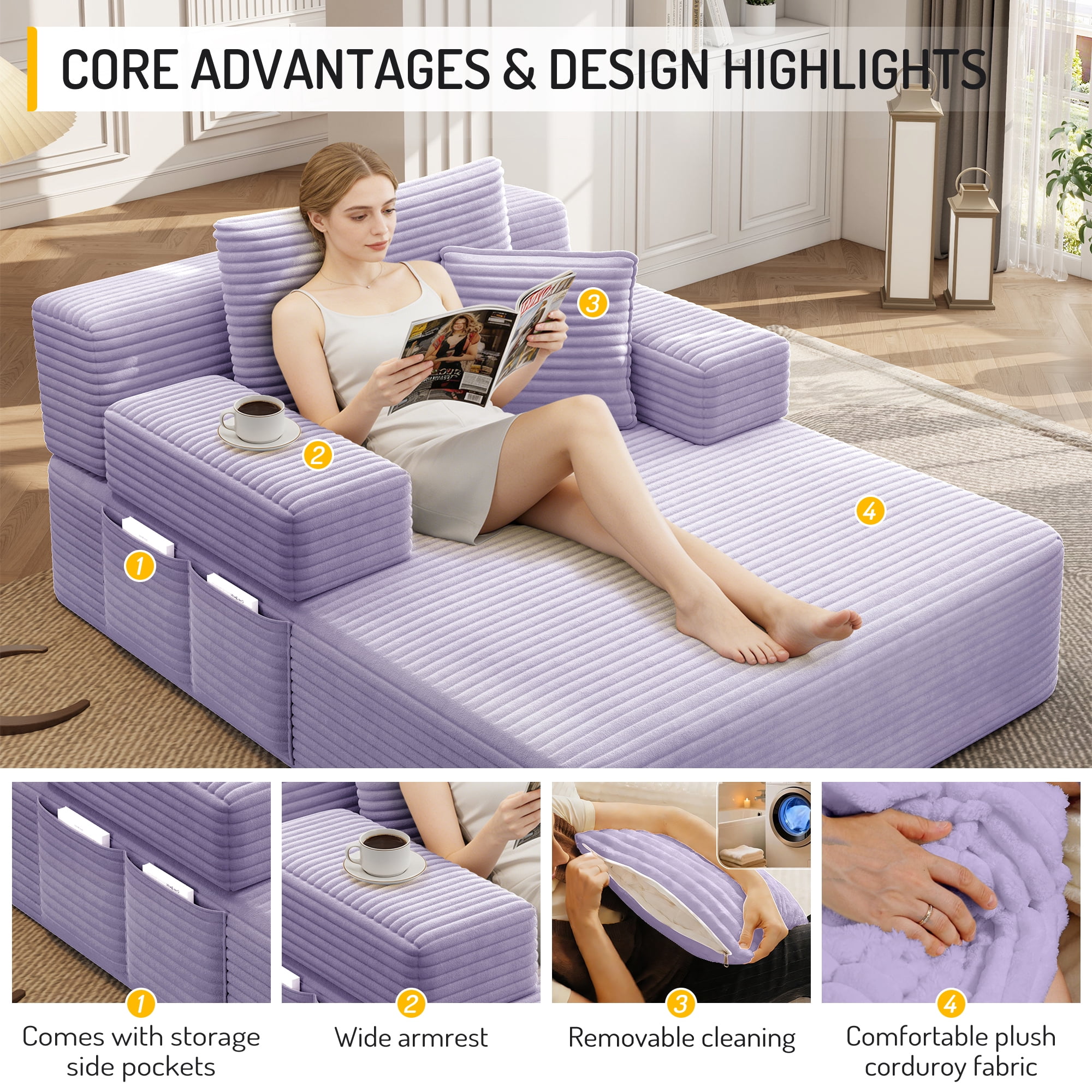 Aukfa Oversized Corduroy Chaise Lounge Chair, Convertible Boneless Sleeper Sofa Bed with 3 Pillows&Storage Pockets, Purple