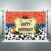 Cowboy Happy Birthday Backdrop 7x5 Feet Colorful Black White Cartoon West Rodeo Cowgirl Red Blue Birthday