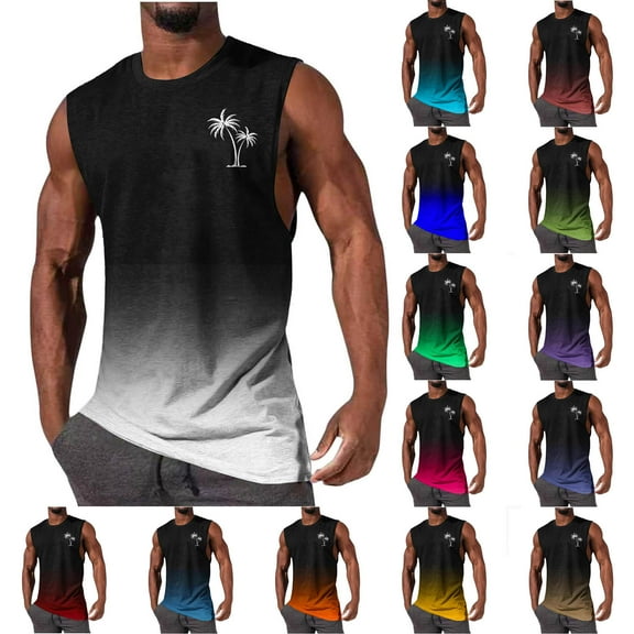Xuniizn Tank Tops Men Summer Casual Sleeveless Shirts Gradient Printed Round Neck Undershirt