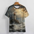 thumbnail image 3 of Lighthouse Sunrise Coast Scenery Pale Blue Tan Women's T-Shirt Short Sleeve T Shirts Tops Tee Ladies Loose T, 3 of 6
