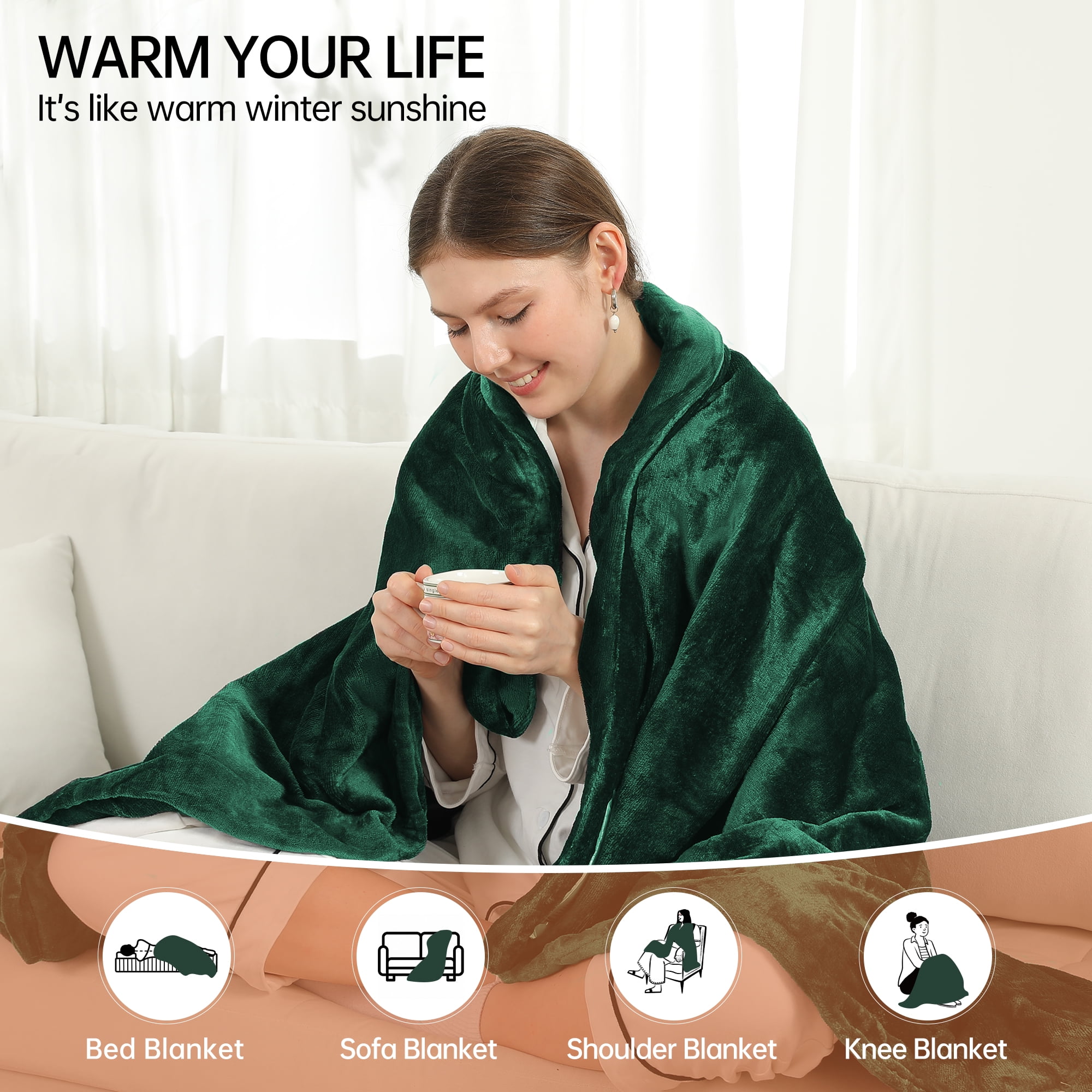 TRUSTWARMTH Electric Heated Blanket Throw 50"x60" with 6 Heating Levels 4 Hours Auto off Fast Heating Over-Heated Protection Ultra Soft Warm Flannel,Warm Gifts,Green