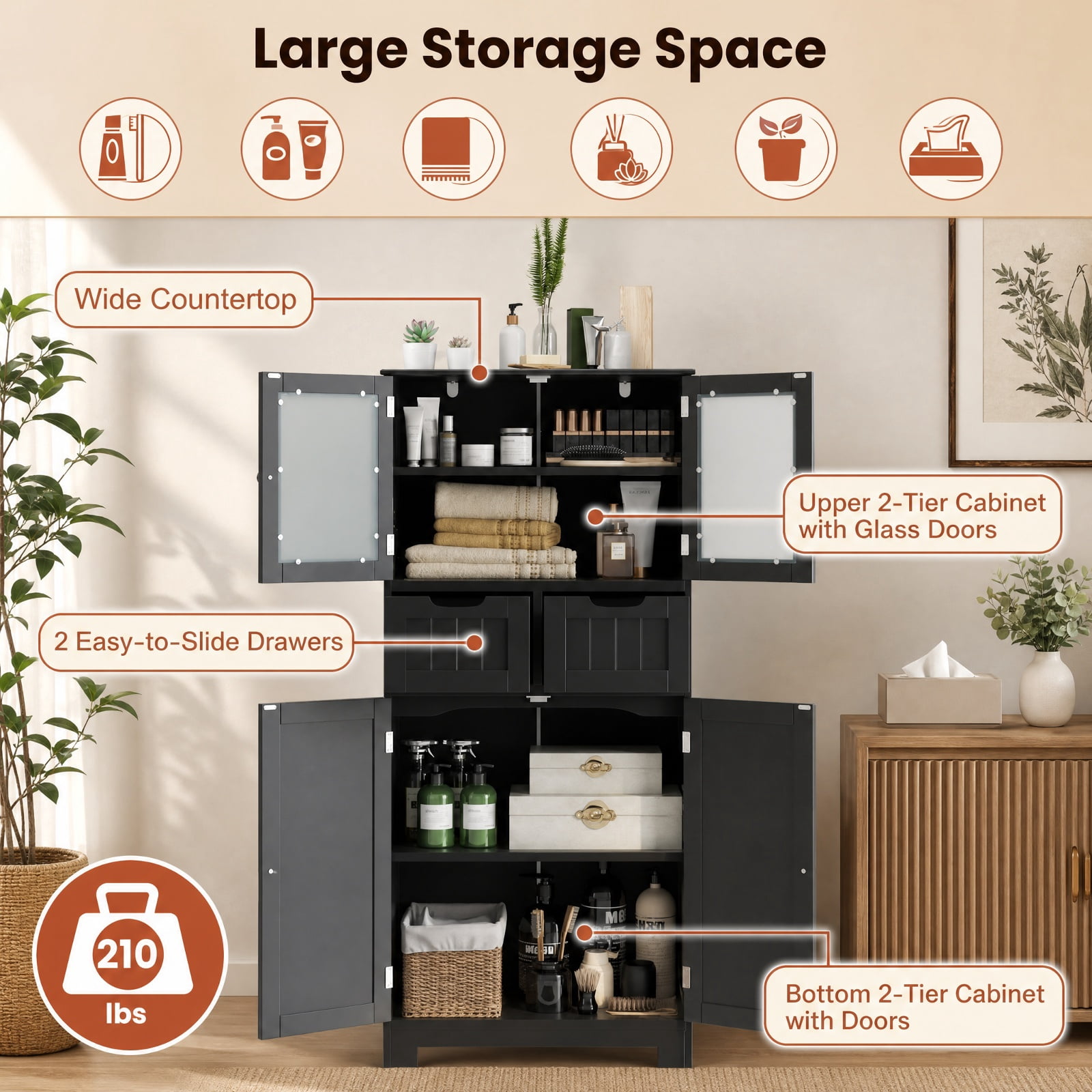 Vebreda Freestanding Bathroom Storage Cabinet, 4 Door Freestanding Bathroom Floor Storage Cabinet with 2 Drawers and Glass Doors