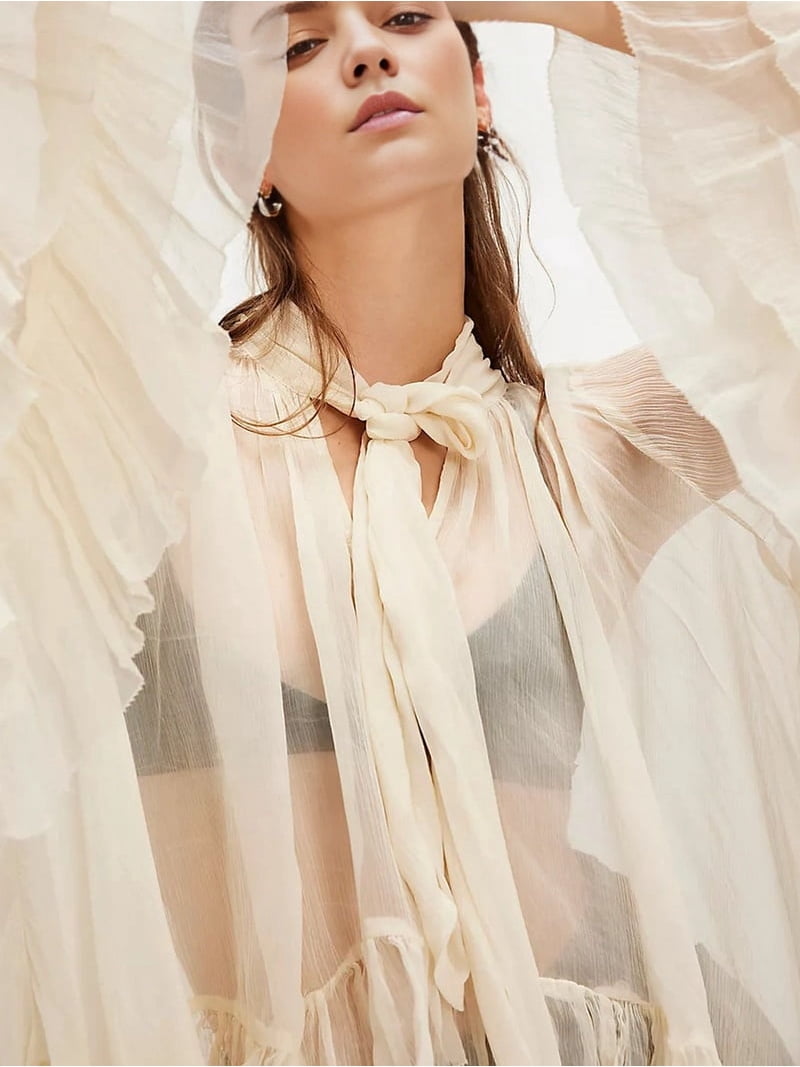Women Long Bell Sleeve Frill Top See Through Sheer Mesh Blouse