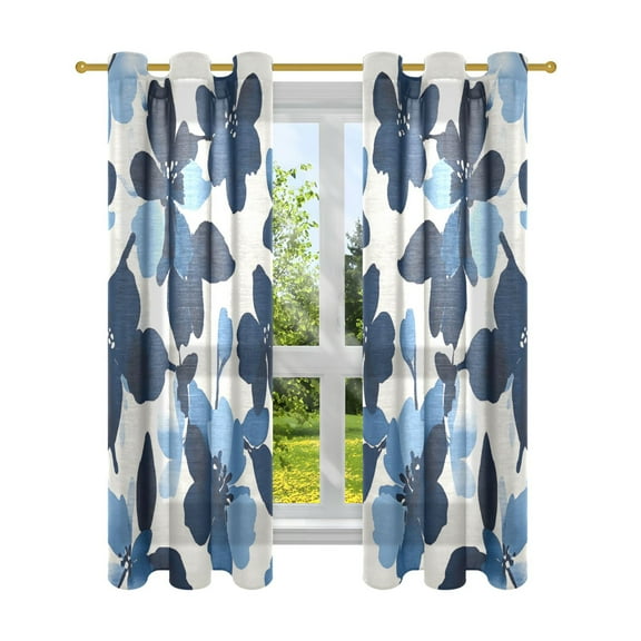 Watercolor Blue Flower Semi Sheer Curtains for Living Room Bedroom Set of 2 Insulated Window Drapes