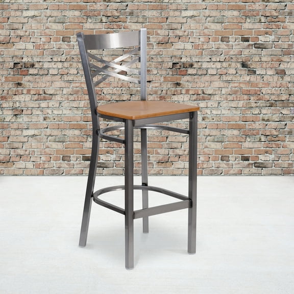 Emma Oliver Clear Coated Metal "X" Back Barstool, Natural Wood Seat