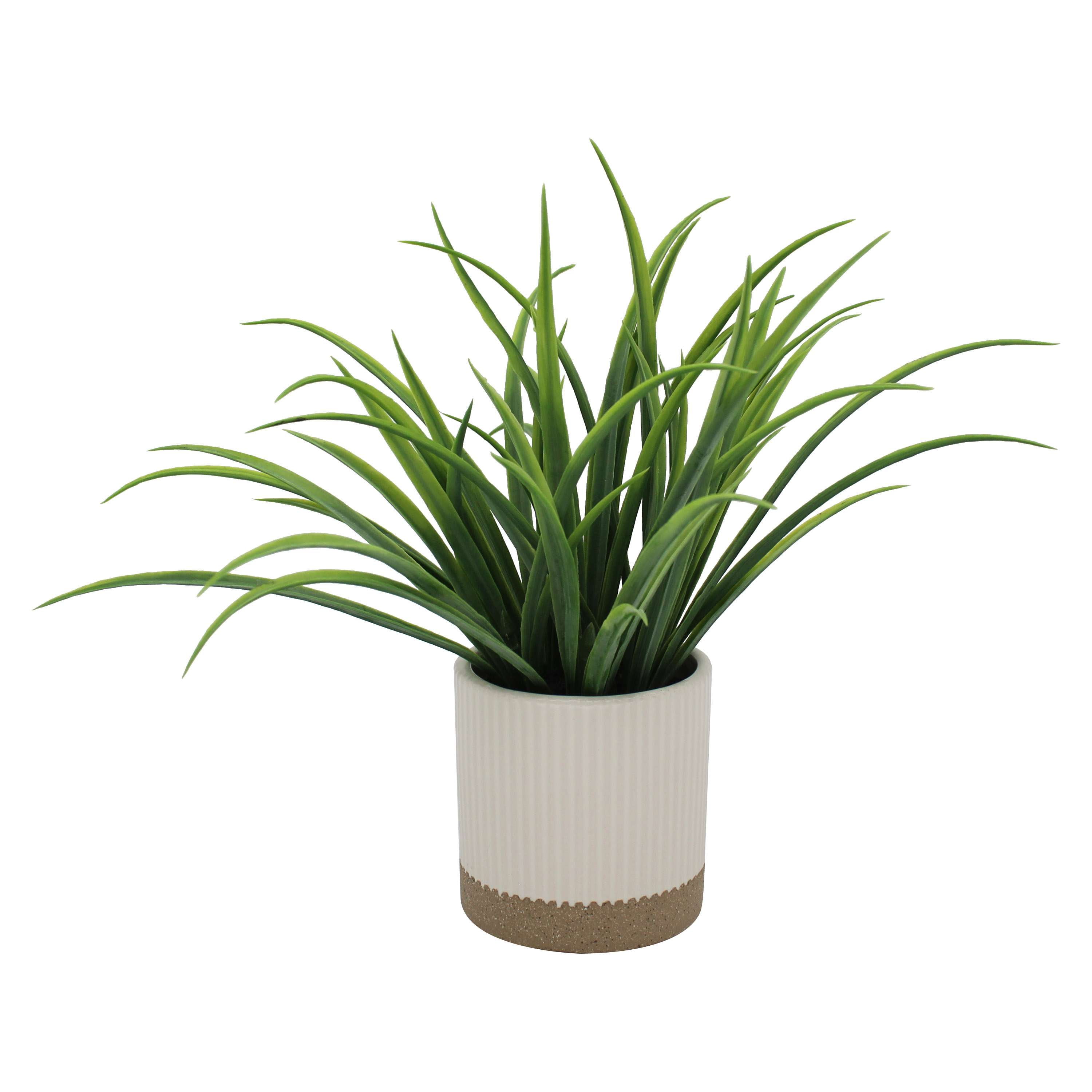Mainstays by Becky G. & Alejandra 9.5" Artificial Grass in White Two-Tone Ribbed Ceramic Pot