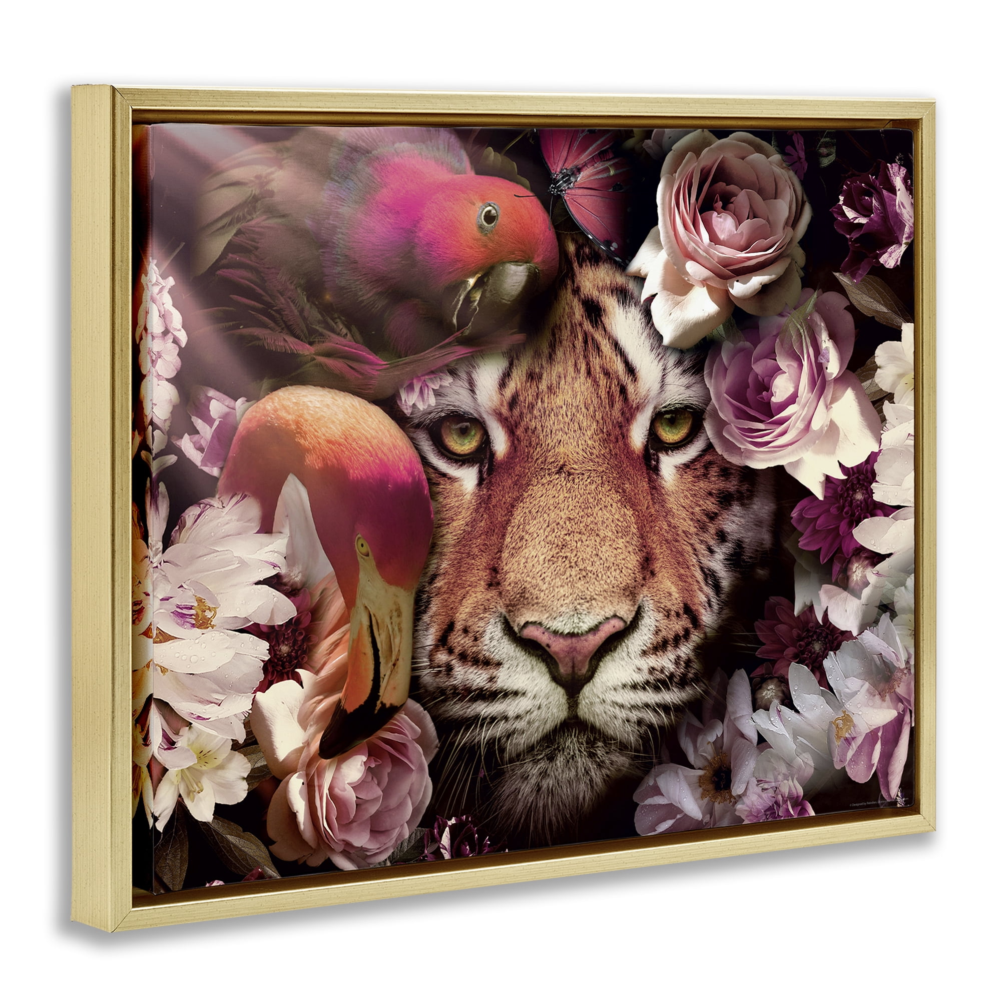 Stupell Industries Tropical Birds & Tiger Animals Painting Gold Floater Framed Canvas Art Print Wall Art, 31 x 25