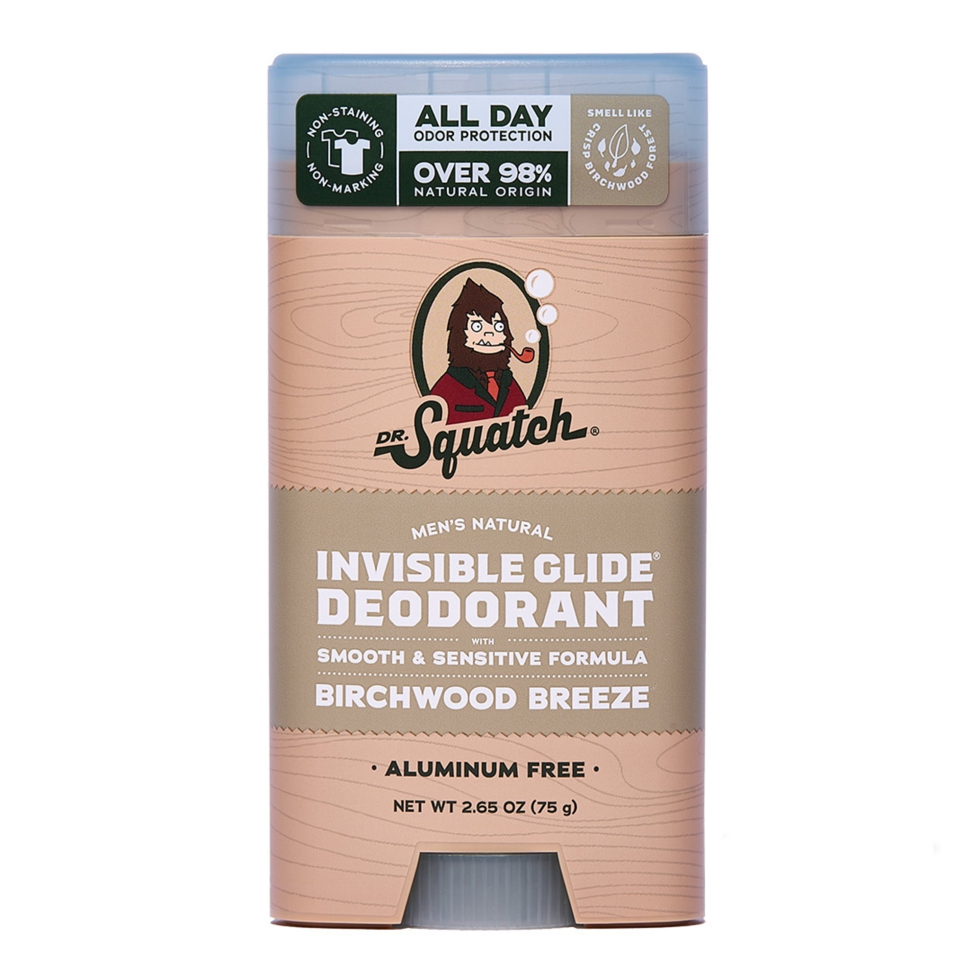 Dr. Squatch Mens Invisible Glide Deodorant Stick, Natural Aluminum Free Deodorant for Men, Birchwood Breeze, 2.65 Oz
