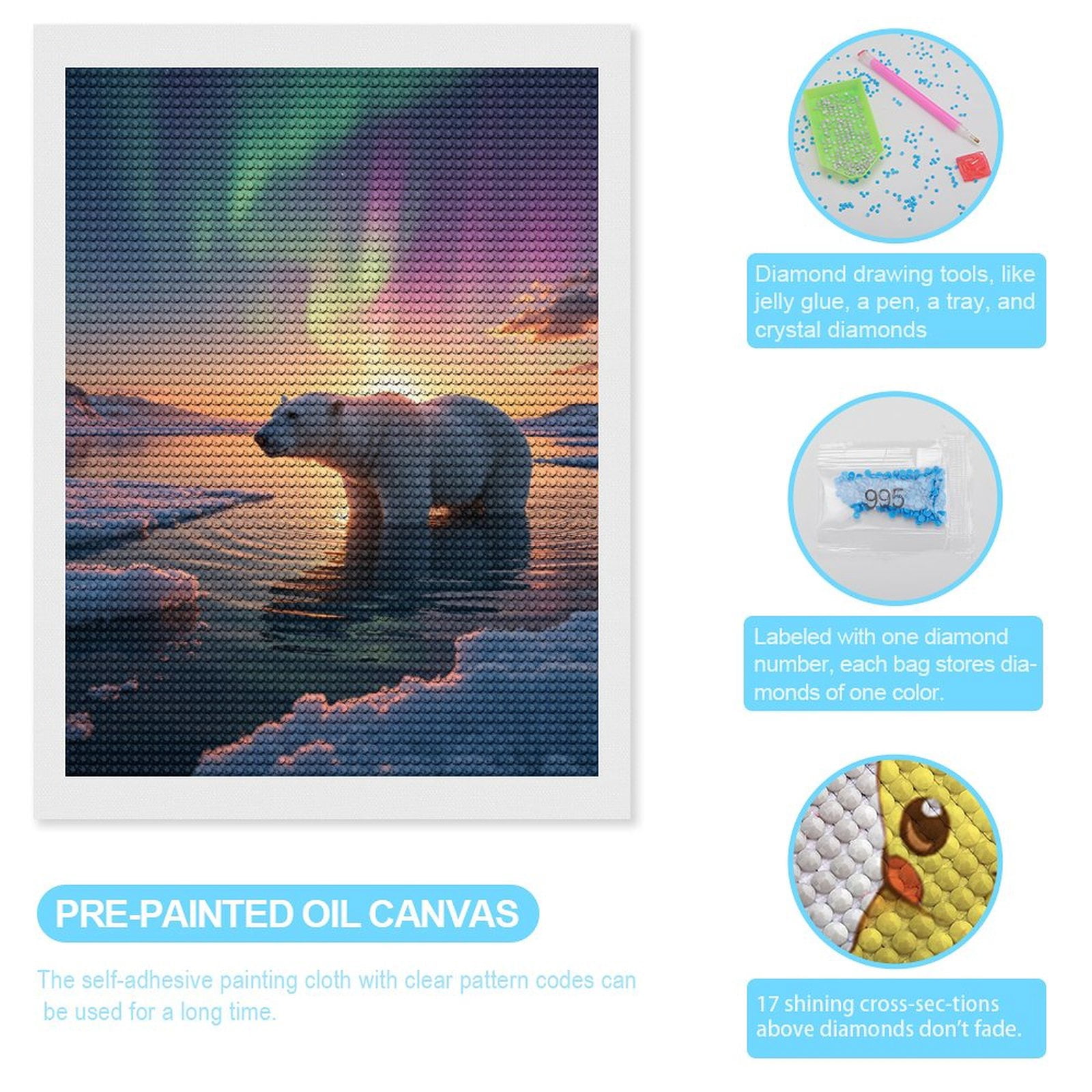 Diamond Art Kits for Adults, Polar Bear Northern Lights Sunset 5D Diamond Painting Kits for Adults Beginners, DIY Full Drill Diamond Painting, Gem Art and Crafts 12x16