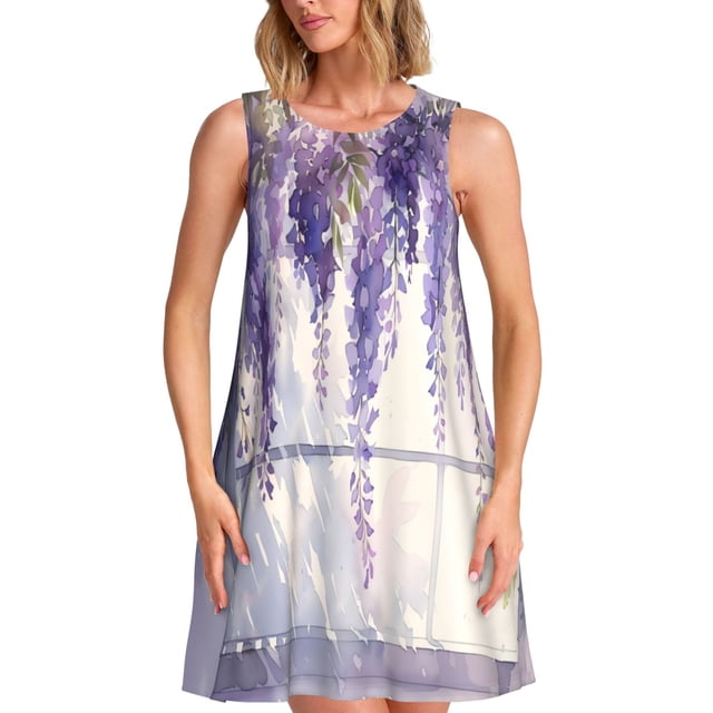 Balery Lavender Blooms Window Vestidos de verano para mujer con estampado: vestido holgado sin mangas, vestido playero informal y cómodo para días calurosos.