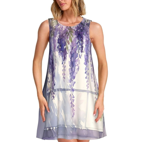 Bixox Lavender Blooms Window Print Women's Sleeveless A-Line Dress with Pockets, Casual Knee-Length Tank Dress for Summer-Medium