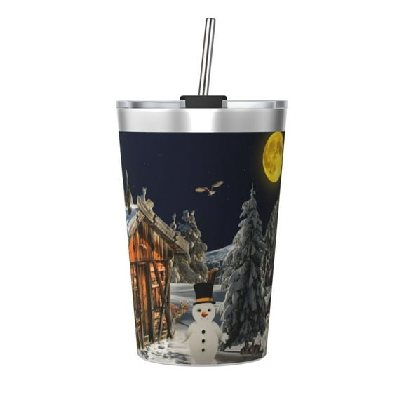 PAYOHTO Snowy Christmas Eve Insulated Stainless Steel Tumbler 12 oz Thermos Come with Straw Kids Leak-Proof Travel Mug Cup