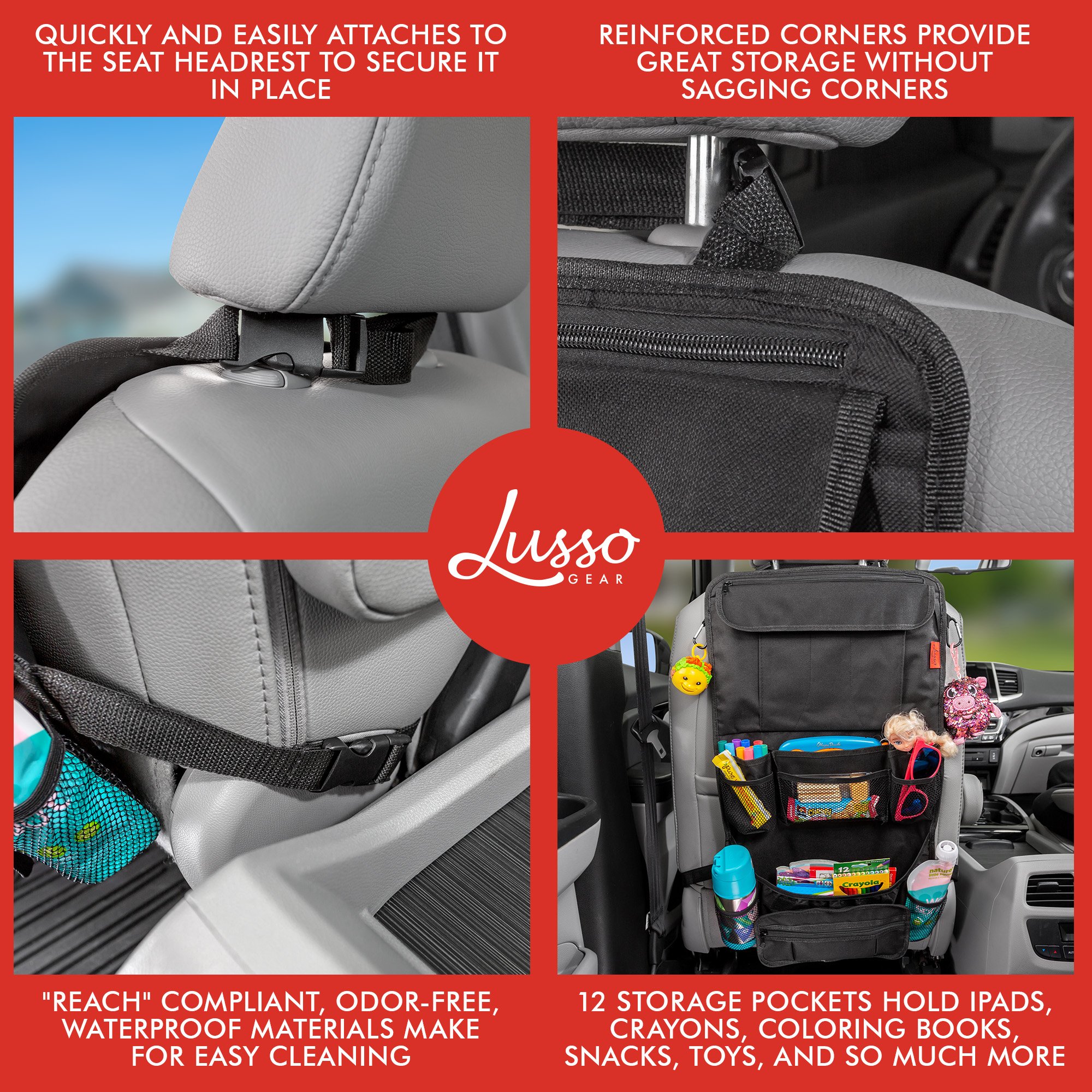 Lusso Gear Back Seat Organizer  Tablet Holder for Car Large  Durable  12 Compartment Travel Storage Display Movies, Store Toys, Books  Snacks  for Kids Large, Gray