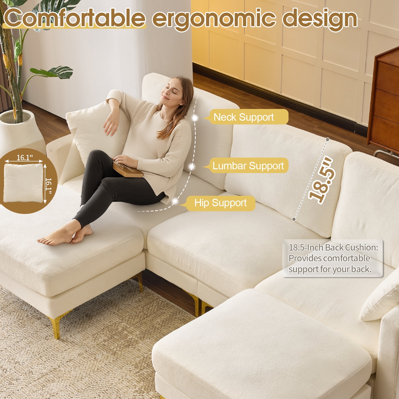 Ktaxon U-Shaped Sofa with 2 Removeable Ottoman Footrests, Flannel Deep Seating Couch for 3, Converts to Sleeper for Bedroom Living Room Furniture Beige