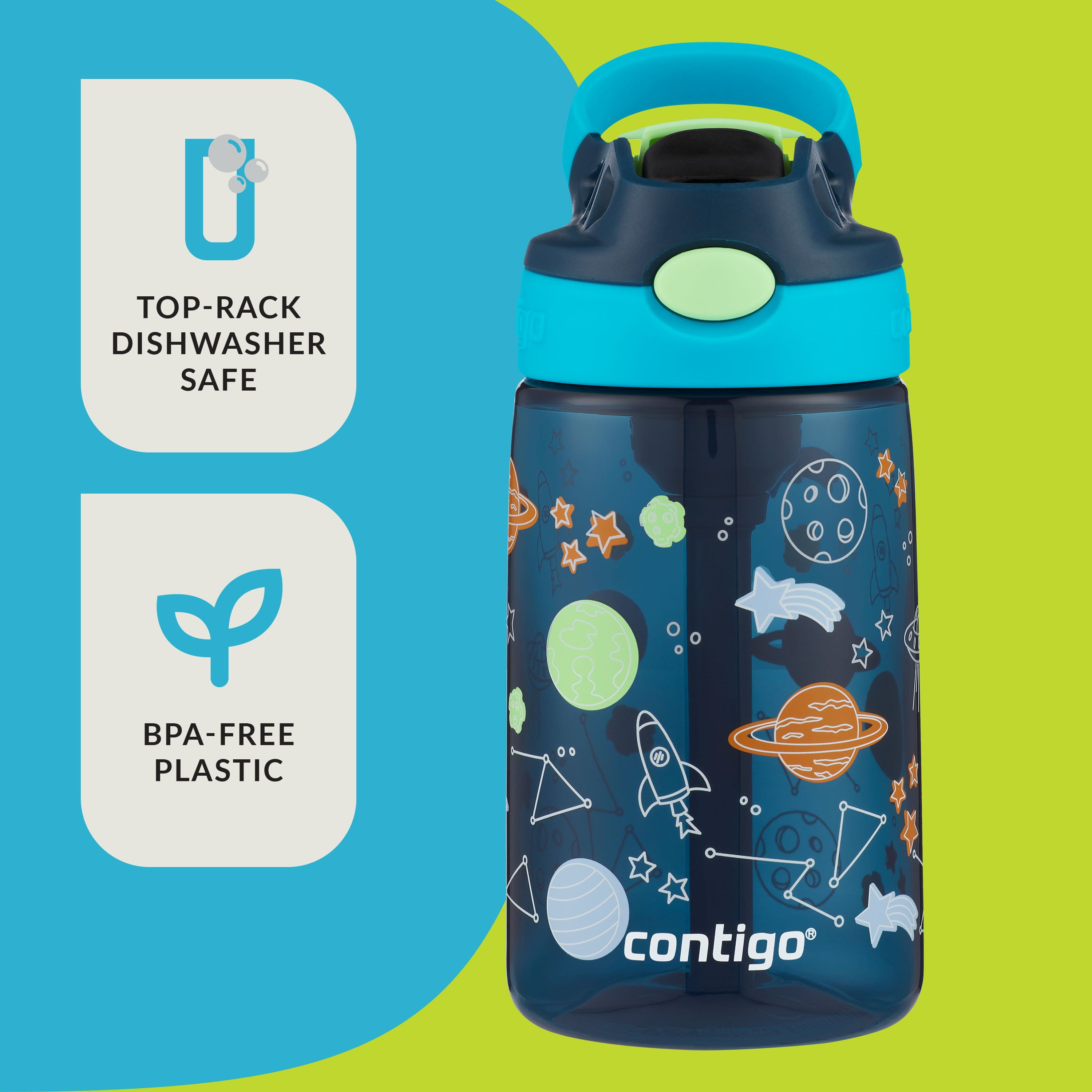  Contigo Aubrey Kids Cleanable Water Bottle with Silicone Straw  and Spill-Proof Lid, Dishwasher Safe, 14oz 2-Pack, Blueberry & Cosmos :  Sports & Outdoors