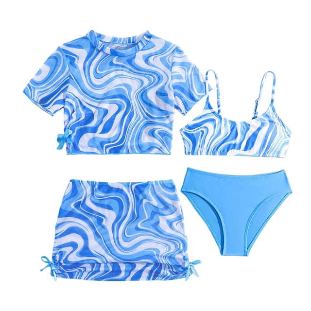 Odeerbi 8-14 Años Niñas 4 Piezas Traje de Baño Conjunto de Verano Corbata-Tinte Bikini Set + Cubrir Tops + Sarong Cubiertas