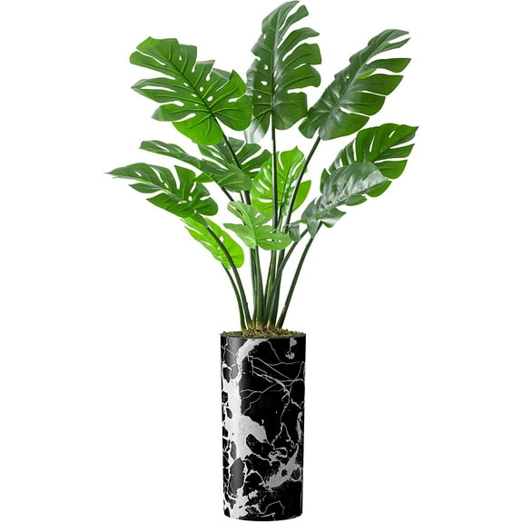 Artificial Tree in Modern Marble Effect Planter, Fake Monstera Silk Tree for Indoor and Outdoor Home Decoration - 65" Overall Tall (Plant Pot Plus Tree)