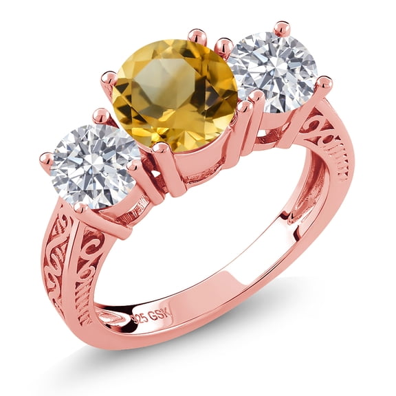 Gem Stone King 18K Rose Gold Plated Silver Yellow Citrine and Lab Grown Diamond Engagement Ring for Women | 2.30 Cttw | Round 7MM | Gemstone November Birthstone | Size 8