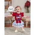thumbnail image 5 of BemeyourBBs Newborn Baby Girl My First 4th of July Outfit Patriot Independent Day Summer Clothes Letter Print Flying Sleeve Romper Star Bow Tiered Ruffled Shorts Skirt Headband Set, 5 of 9