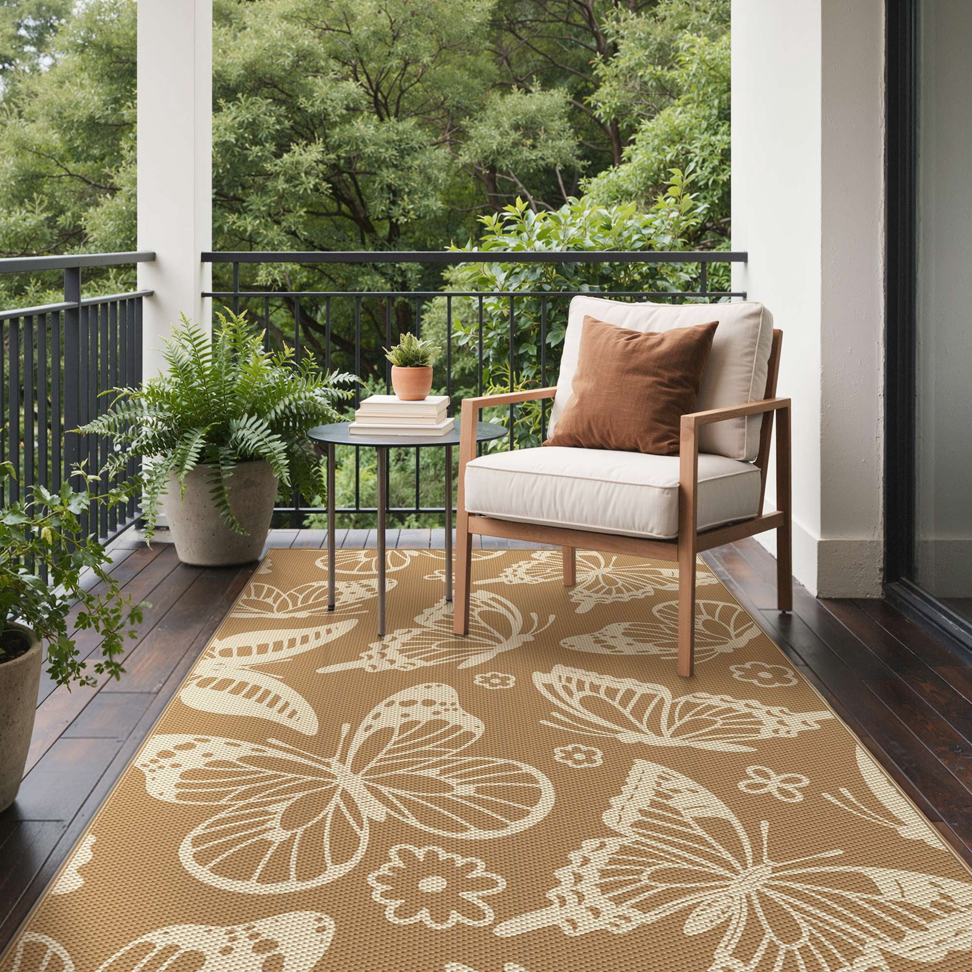 DEORAB 5'x8' Outdoor Rugs Waterproof Patio Reversible Plastic Straw Carpet Camping Outside Mat For Garden Balcony Camping Porch, Brown & Beige