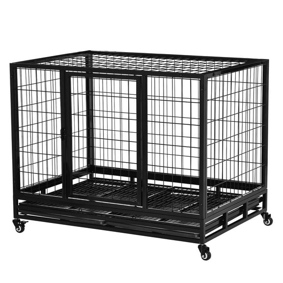 SAZYY 43" Heavy Duty Dog Crate with Removable Tray, Lockable Wheels and Double Door - for Large & Extra Large Dogs, Black
