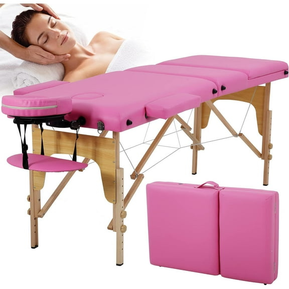 XF XINFENG Portable Massage Table 73 inch 2 Fold Lash Bed Height Adjustable Tattoo Salon Bed 350 lbs Capacity with Facial Cradle & Carry Case, Pink