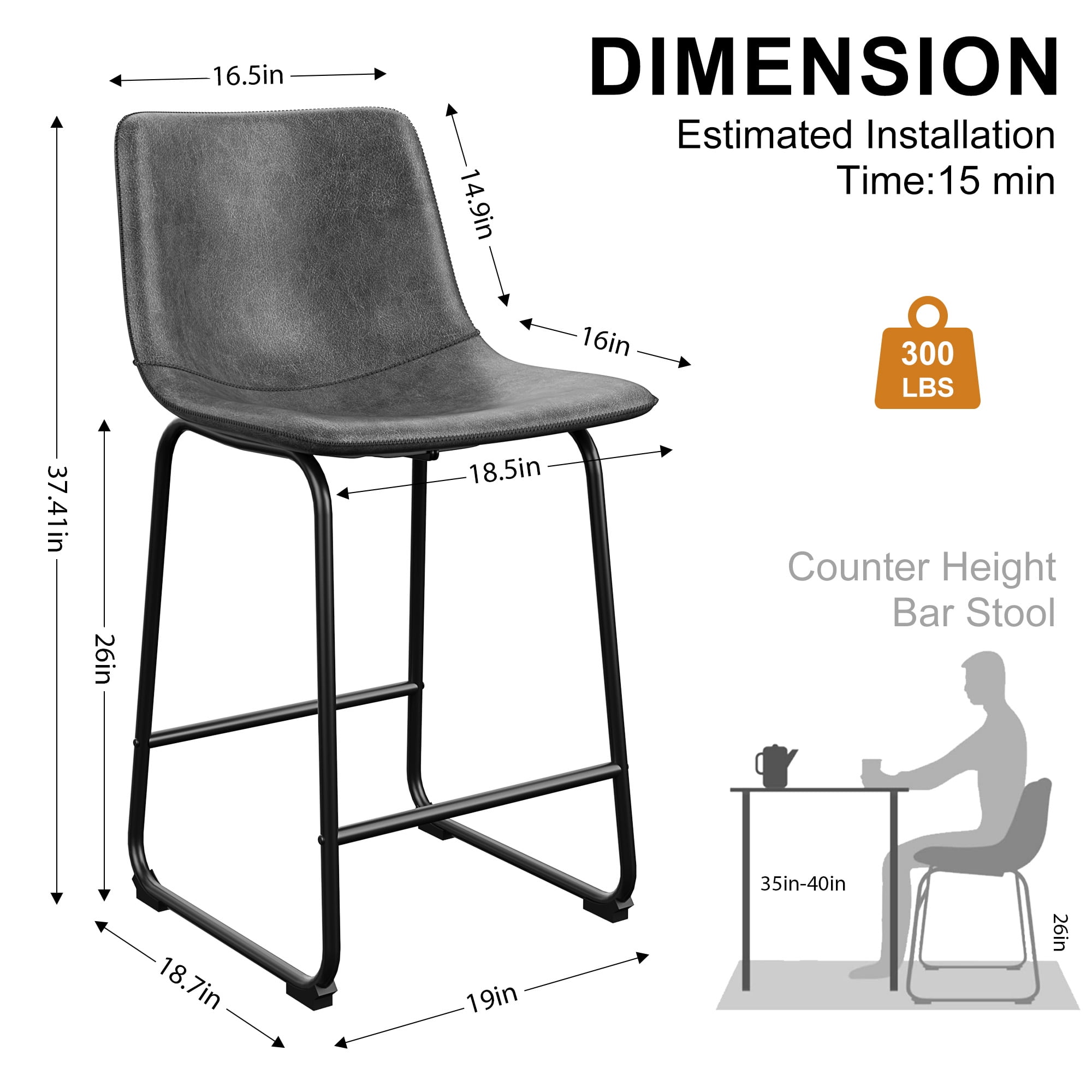 LainTene 26" PU Leather Bar Stools Set of 2 – Modern Counter Height Stools with Back, Footrest & Sturdy Metal Legs for Kitchen, Bar, Living Room, Gray
