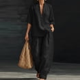 thumbnail image 2 of Domzest Two Piece Linen Sets for Women Short Sleeve V Neck Tunic Top Matching Wide Leg Pants Casual Loose Outfits With Side Pockets Black XL, 2 of 6