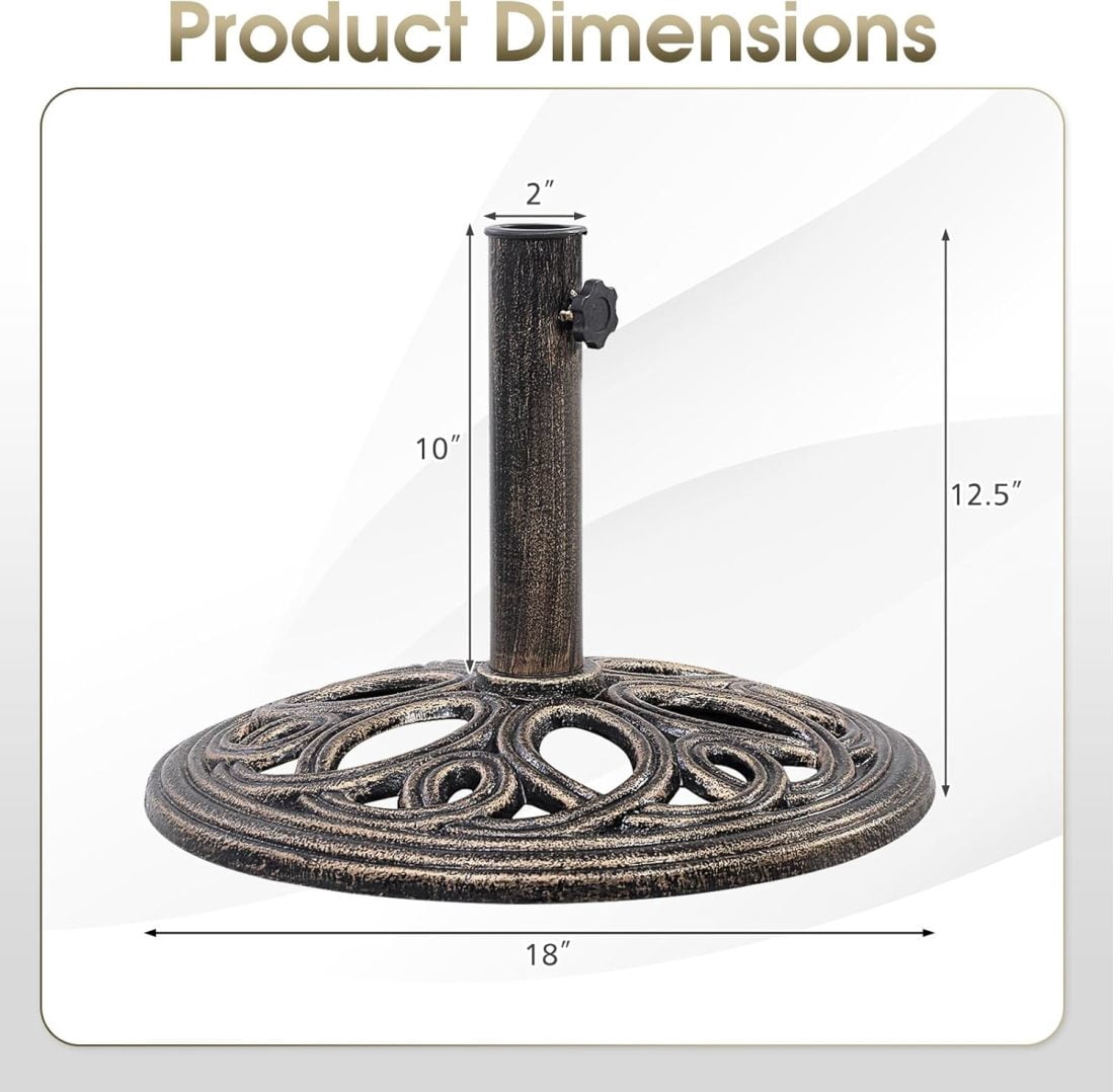 WJSP 22 lbs Heavy Duty Umbrella Base, Round Parasol Holder with 3 Adapters for Φ1.38/Φ1.57/Φ1.9 Pole, Cast Iron Umbrella Base Stand with Beautiful Decorative Pattern, Easy Setup