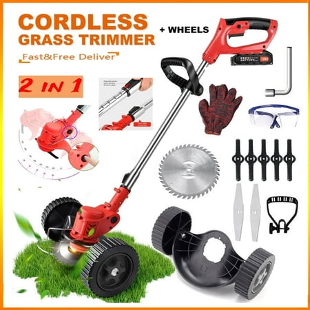 Electric Cordless Grass Trimmer  Cordless Weed Eaters Wacker  24V 650W Battery Operated String Trimmer Mower  Weed Lawn Edger Eater  Electric Grass Cuting Machine with Wheels