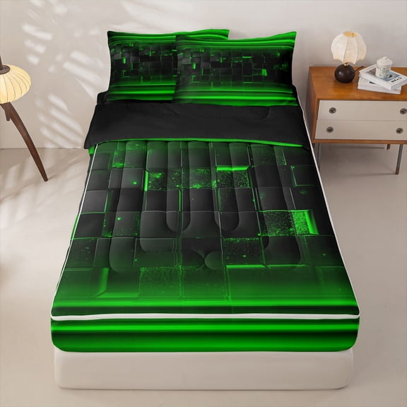 jejeloiu Grid Geometric Design Zipper Twin Comforter Sets with Fitted Sheet and 2 Pillowcases For Kids,Green Neon Striped Check Zipper Bedding Set For Boy,Reversible,4 Pieces
